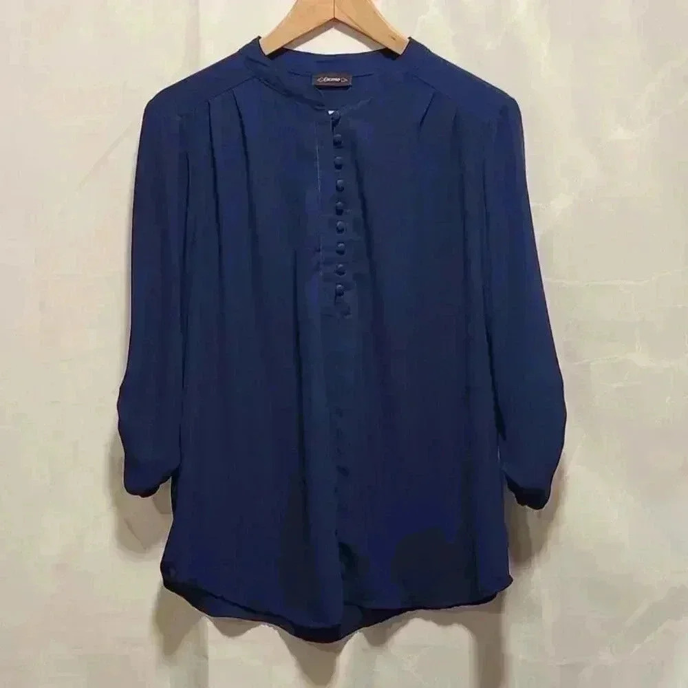 Cocomo Pullover Blouse Women's L 3/4 Navy Blue Semi‎ Rouched Sleeve 3/4 Button